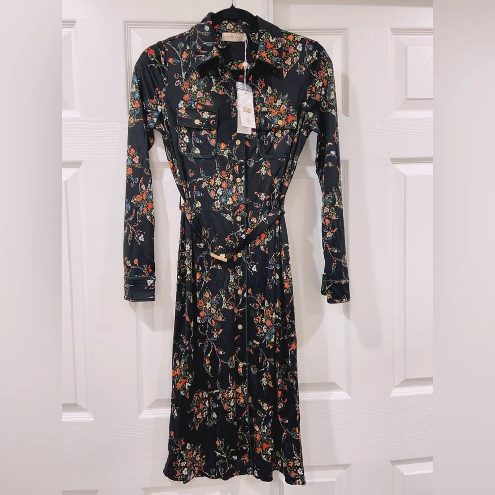 NWT $498 Tory Burch Printed Jersey Shirtdress In Black Sacred Floral